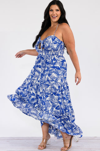 ITD5915-PLUS | Dresses | Junior Plus Tropical Print Knot Front Maxi Dress