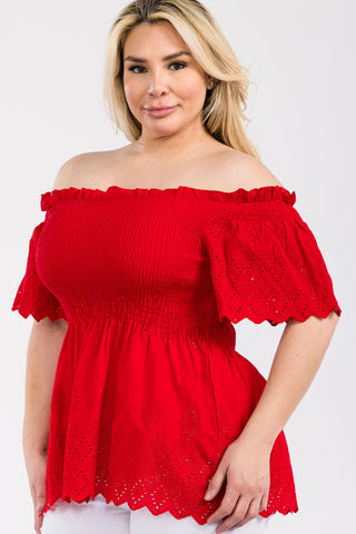 IT4050-PLUS | Tops | Junior Plus Off Shoulder Smocked Eyelet Top