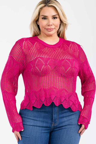 IT5016-PLUS | Tops | Junior Plus Long Sleeve Crochet Lace Top