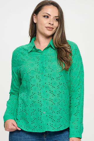 IT5532-PLUS | Tops | Junior Plus Long Sleeve Button Down Eyelet Top