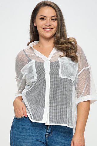 IT5664-PLUS | Tops | Junior Plus Sheer Netted Button Down Top