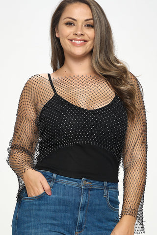 IT5751-PLUS | Tops | Junior Plus Rhinestone Fish Net Long Sleeve Top