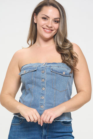 IT5842-PLUS | Tops | Junior Plus Denim Button Down Tube Top