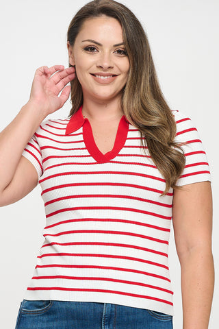 IT6157-PLUS |  Tops |  Junior Plus V-Neck Striped Polo Shirt