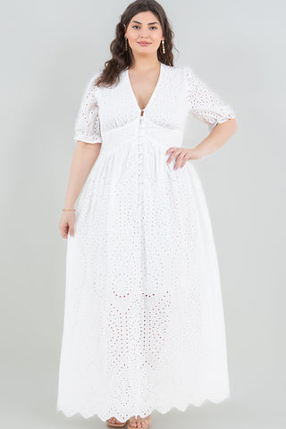 ITD6132-PLUS | Dresses | Junior Plus 3/4 Sleeve Eyelet Maxi Dress