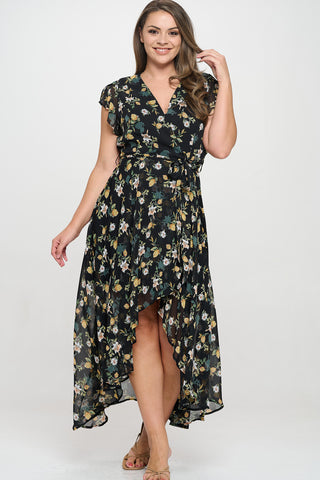 ITD6171-PLUS| Dresses | Junior Plus Floral Print High-Low Maxi Dress