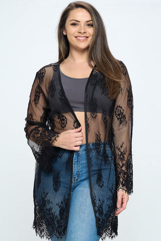 ITJ4819-PLUS | Cardigans | Junior Plus Sheer Lace Oversize Open Cardigan