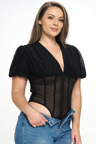 ITJS5027-PLUS | Tops | Junior Plus Short Puff Sleeves Mesh Bodysuit