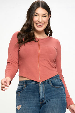 IT4964-PLUS | Tops | Junior Plus Curved Hem Zip Front Top